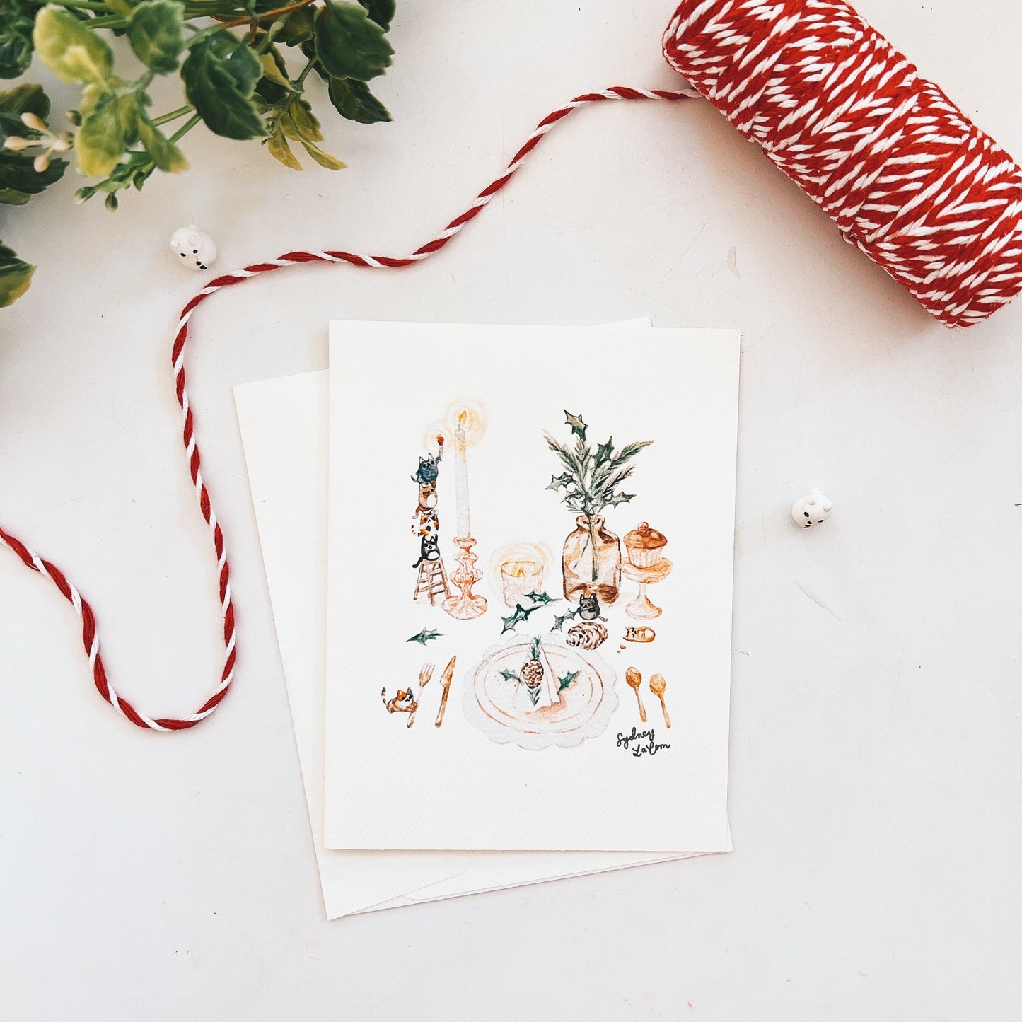 Christmas Feast Kittens Watercolor Greeting Card