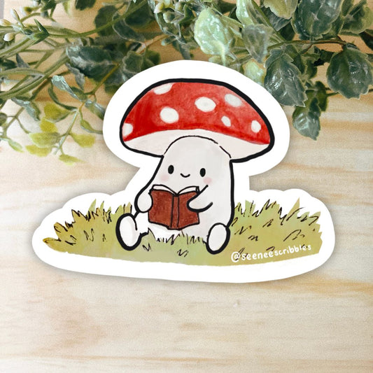 Weatherproof vinyl sticker of a mushroom reading a book